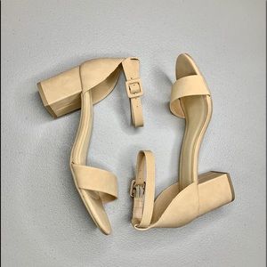 Beige Open Toe Ankle Strap Short Chunk Heel